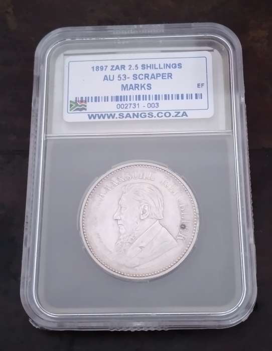1897 Paul Kruger silver 2 1/2 Shillings graded AU53  Excellent Scraper Marks