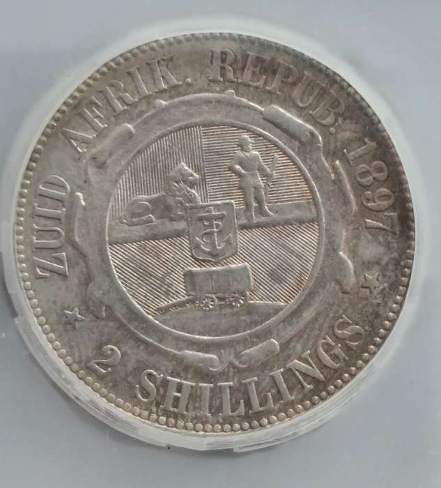 1897 ZAR Kruger silver 2 Shillings SANGS AU53