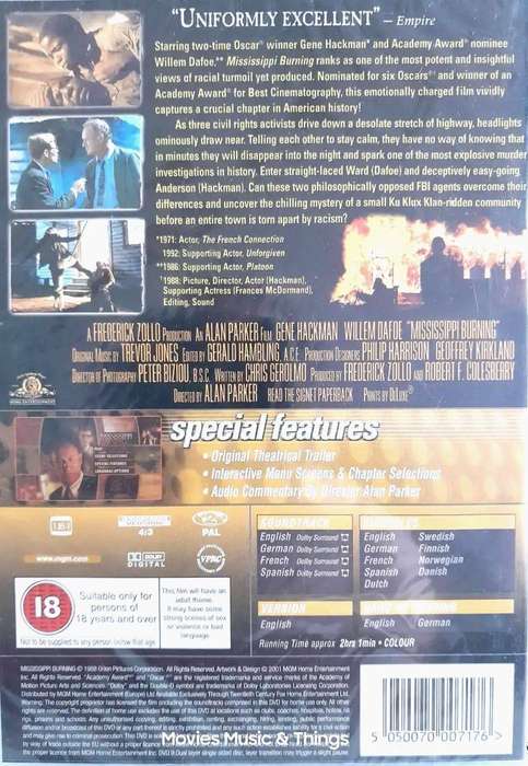 Mississippi Burning - Gene Hackman & William Dafoe (DVD) New