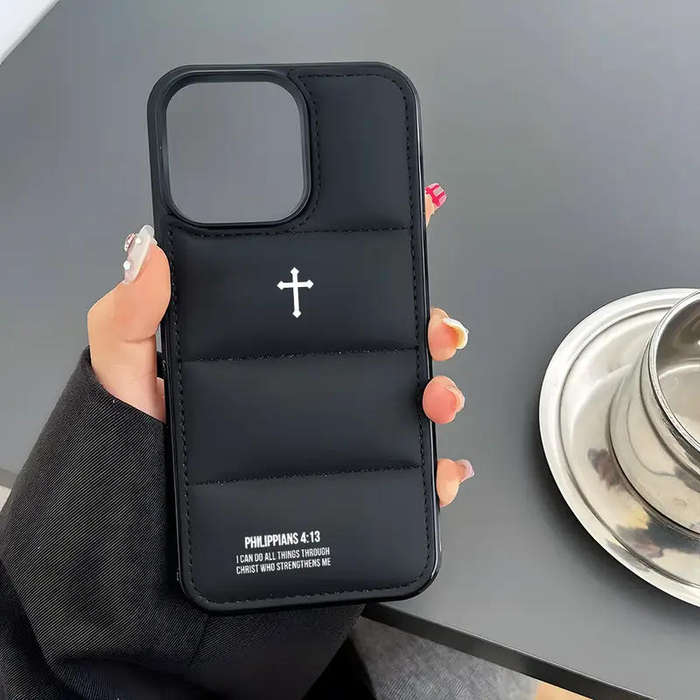 Philippians 4 13 Crucifix Aesthetic 3D Puffer Phone Case for iPhone16 11 15 14 13 12 Pro Max Plus XR