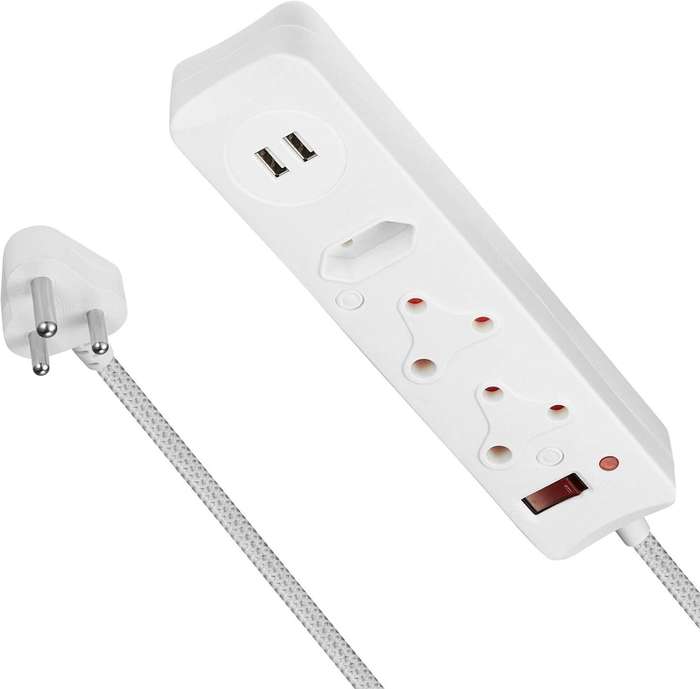 SWITCHED 3-Way Surge Protected Multiplug withUSB Ports  3M Braided Cord  White Damaged Packaging