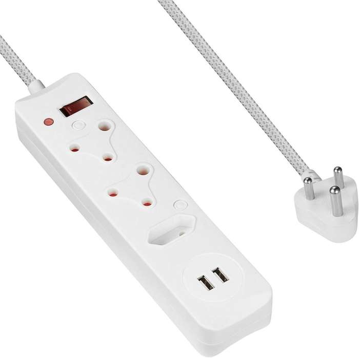 SWITCHED 3-Way Surge Protected Multiplug withUSB Ports  3M Braided Cord  White Damaged Packaging