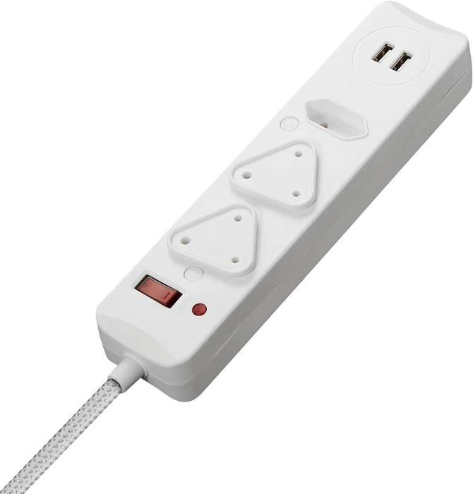 SWITCHED 3-Way Surge Protected Multiplug withUSB Ports  3M Braided Cord  White Damaged Packaging