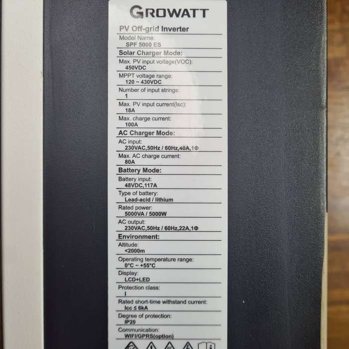 Growatt SPF 5000 ES Off-Grid Hybrid Solar Inverter - 48V 5KVA/ 5KW  - Battery - Wifi Dongle