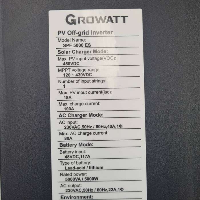 Growatt SPF 5000 ES Off-Grid Hybrid Solar Inverter - 48V 5KVA/ 5KW  - Battery - Wifi Dongle