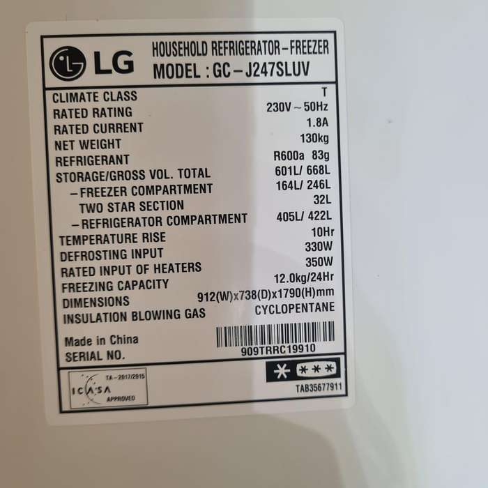 LG 601L Platinum Silver Side by Side Refrigerator, Door-In-Door (Plumbed) - GC-J247SLUV