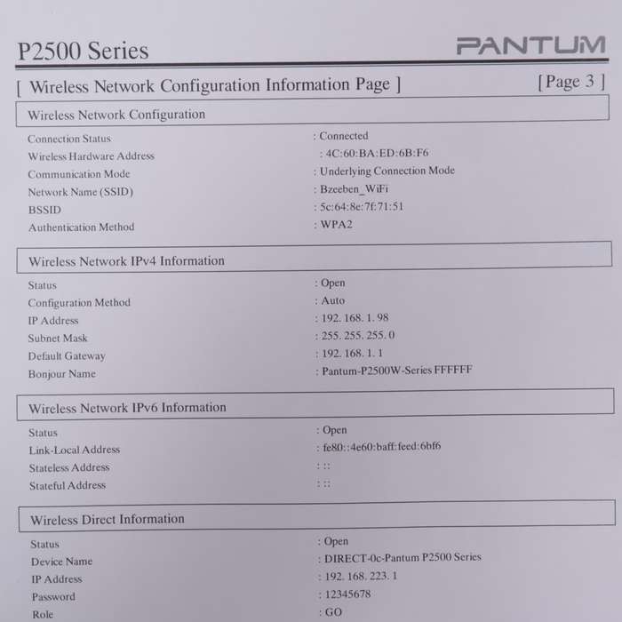 Pantum P2512W Mono Laser Printer Wi-Fi Capability - Open Box