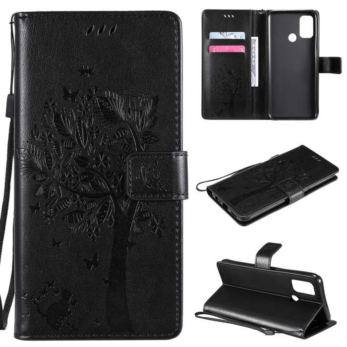 For OPPO A53 (2020) / A32 Tree Cat Print PU Leather Horizontal Flip Case with Holder, Card Slots