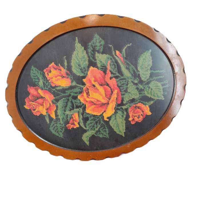Hand-made Framed Embroidery Tapestry - Orange Roses - Ideal for lounge, dining room or entrance