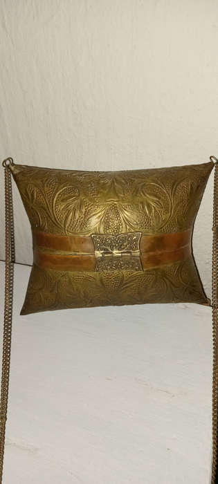 Vintage Pillow Purse Bag brass and copper Metal Velvet Lining 1930s