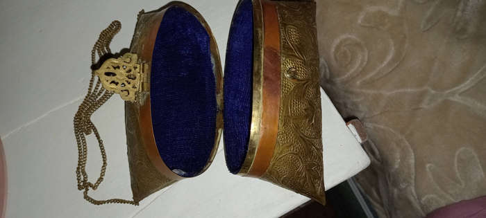 Vintage Pillow Purse Bag brass and copper Metal Velvet Lining 1930s