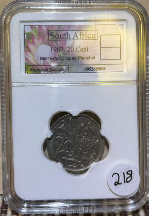 1987 South African 20c (Error coin -clipped planchet)