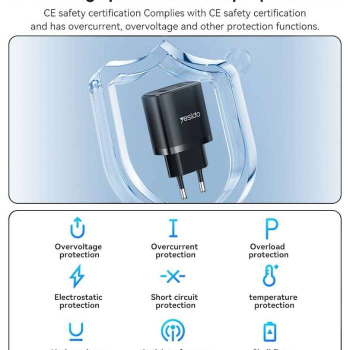 Yesido 30W Type-C, Usb A And Lightning Port Charger With C To L Cable YC52 - Black