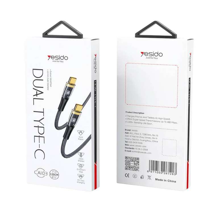 Yesido CA103 Dual Type-C 120cm Data Cable - Black