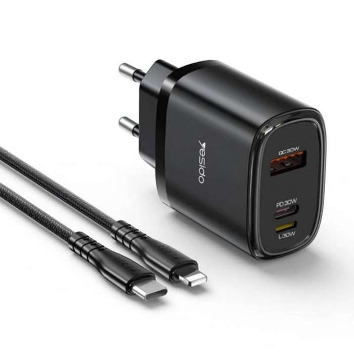 Yesido 30W Type-C, Usb A And Lightning Port Charger With C To L Cable YC52 - Black