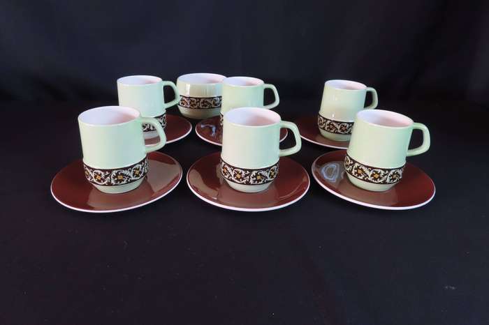 Carlton Ware Hand Engraved & Painted Coffee Duo's x 6