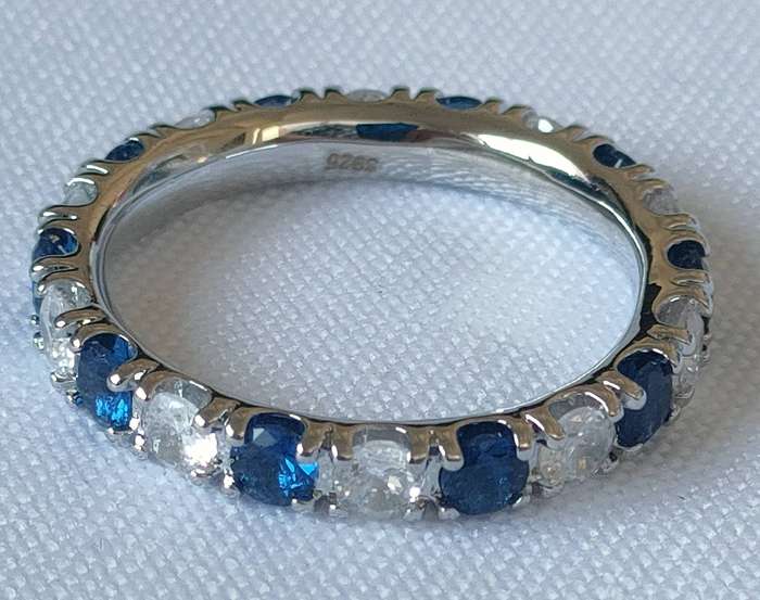 Sterling silver Blue and White Moissanite ring - hallmarked - size US7 - in box