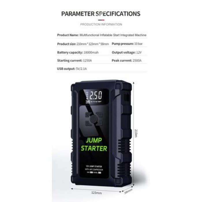 4 In 1 Emergency Car Booster, Tire Inflator, Power Bank, Flashlight