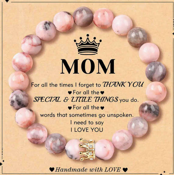 Bracelet - Pink and Grey tones and Golden Crown Pendant with Gift Card