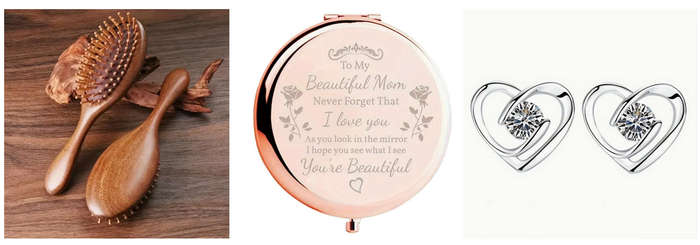 Sandalwood Hair Brush Engraved Rose Gold Makeup Mirror and Earrings