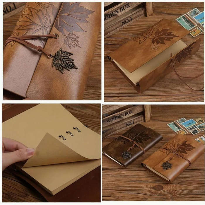 Vintage Maple Leaf Embossed Journal with Wrap Closure - Tan