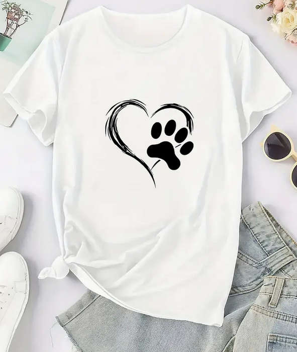 Heart and Paw Print Crew Neck T-Shirt - Large