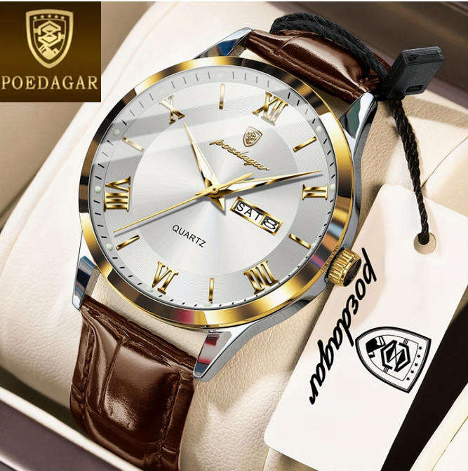 POEDAGAR Quartz Watch with Date and Day Calendar - Brown Leather Strap