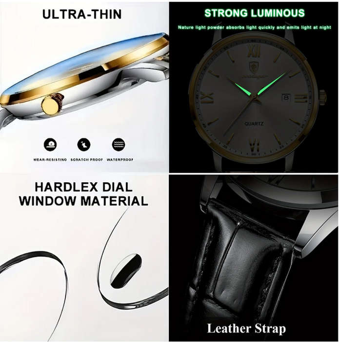 POEDAGAR Quartz Watch with Calendar and Black Leather Strap