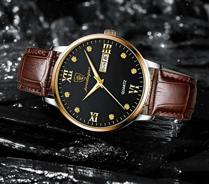 POEDAGAR Quartz Watch with Calendar and Brown Leather Strap