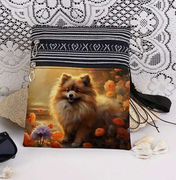Pomeranian Print Cross Body Bag with Adjustable Strap