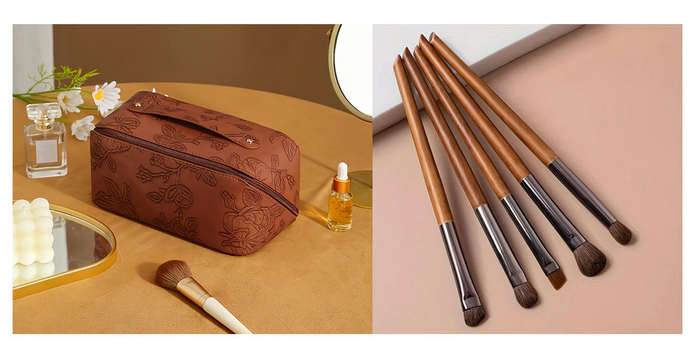 Vintage Floral Embossed Makeup Bag and Birchwood Makeup Brush Set