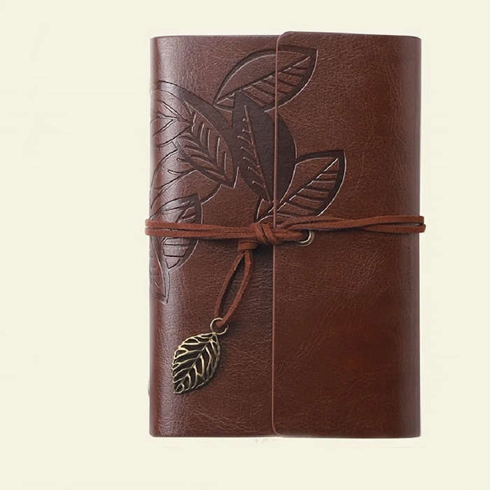 Vintage Leaf Embossed Journal with Wrap Closure - Brown