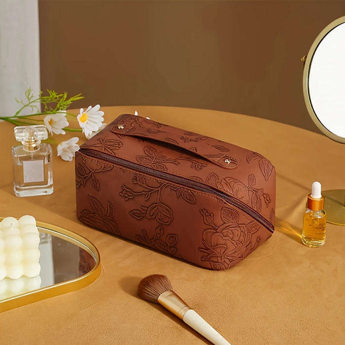 Vintage Floral Embossed Makeup Bag and Birchwood Makeup Brush Set