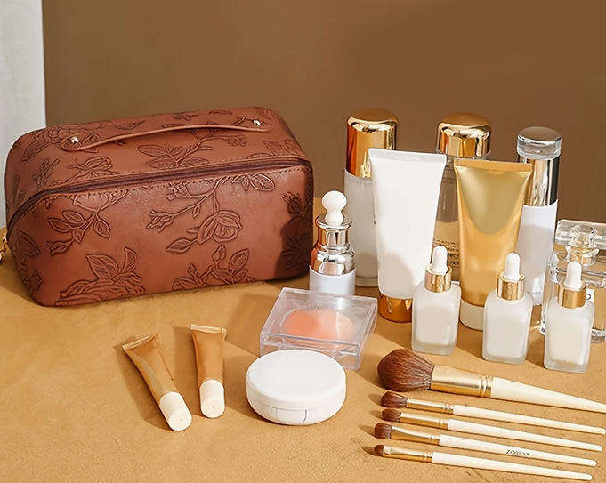 Vintage Floral Embossed Makeup Bag and Birchwood Makeup Brush Set