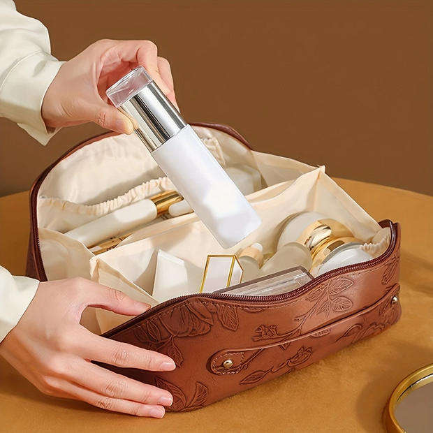 Vintage Floral Embossed Makeup Bag and Birchwood Makeup Brush Set