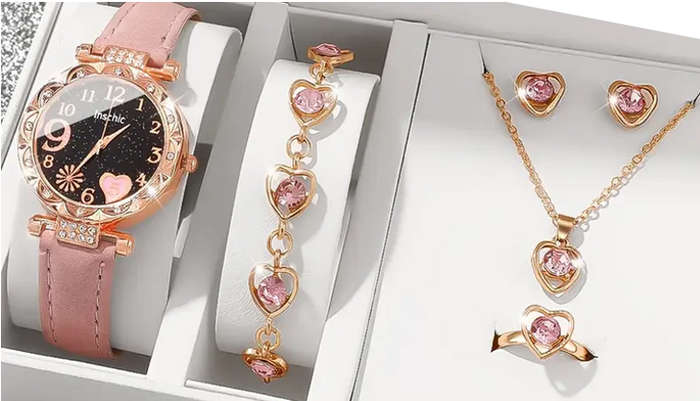 Watch and Jewellery Set - Pink and Rose Gold