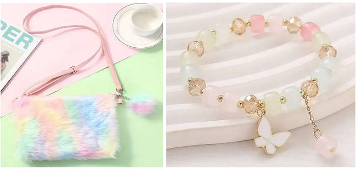 Multicolour Plush Cross Body Bag and Butterfly Bracelet