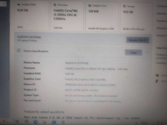 HP Laptop 15.6" Display Intel Core i3 Processor 8GB Ram 1TB HDD Windows 10