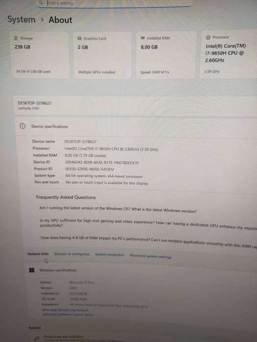 Dell Latitude 5501 Intel Core i7 9850H CPU 8GB DDR4 RAM 256GB M.2 NVMe SSD NVidia Graphics Win 11