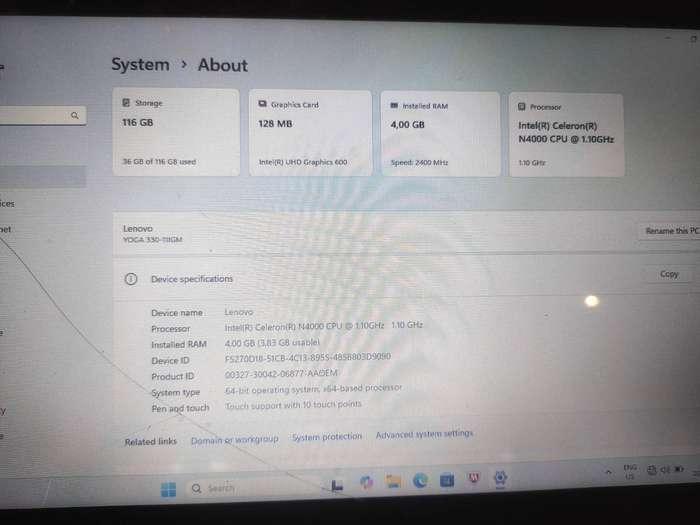 Lenovo Yoga 330 13.3" 2 IN 1 Display Intel Celeron N4000 4GB Ram 128GB SSD WINDOWS 11