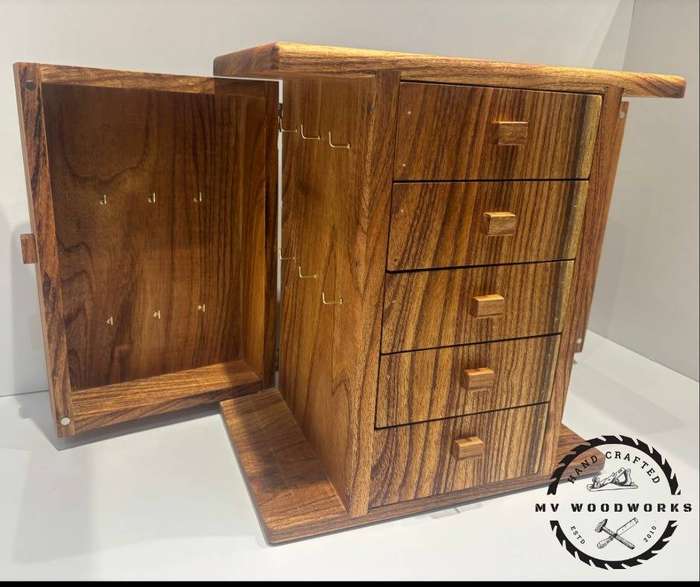 Handcrafted Jewellery Box with Side Swing Doors and velvet/suede lined drawers