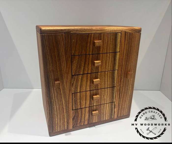 Handcrafted Jewellery Box with Side Swing Doors and velvet/suede lined drawers