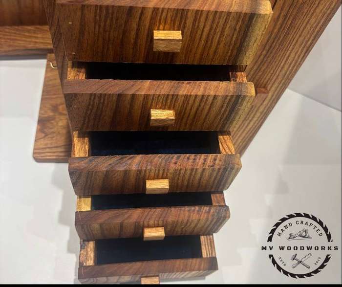 Handcrafted Jewellery Box with Side Swing Doors and velvet/suede lined drawers