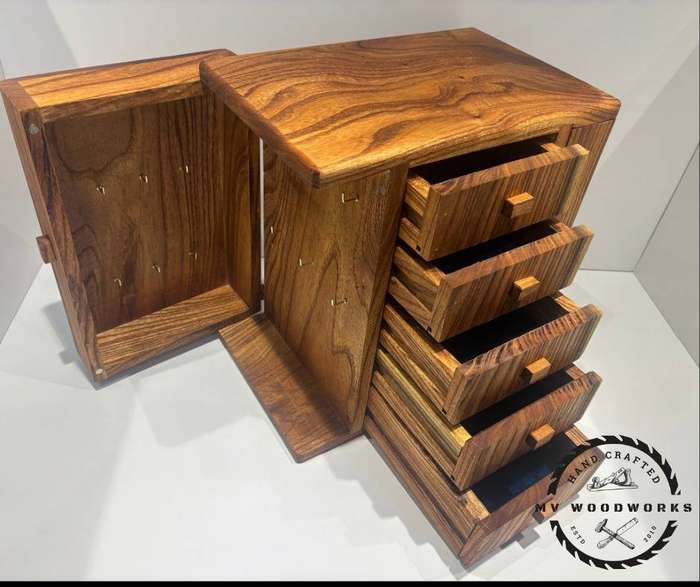 Handcrafted Jewellery Box with Side Swing Doors and velvet/suede lined drawers