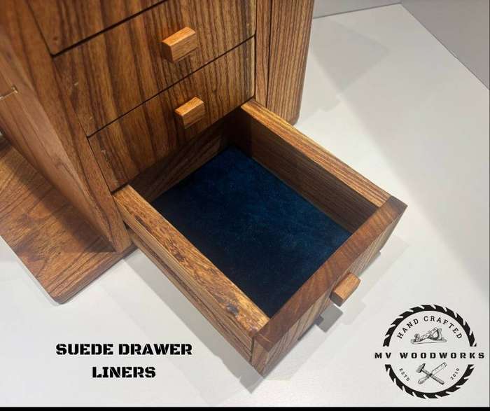 Handcrafted Jewellery Box with Side Swing Doors and velvet/suede lined drawers