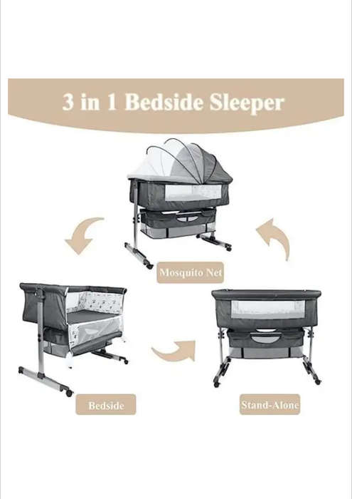 3 In 1 Bedside Baby Bassinet Sleeper Crib With Bed Nets-BLACK