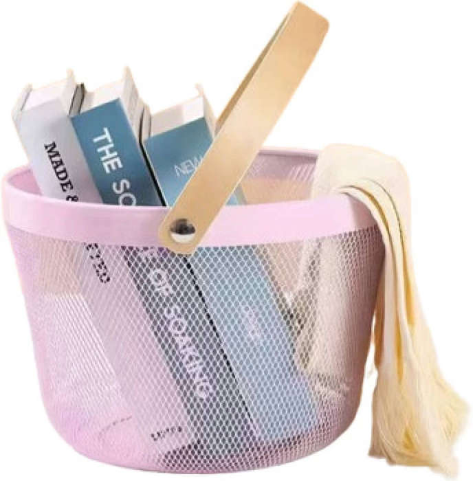 Round Metal Wire Storage Basket with Wooden Handle - Pink