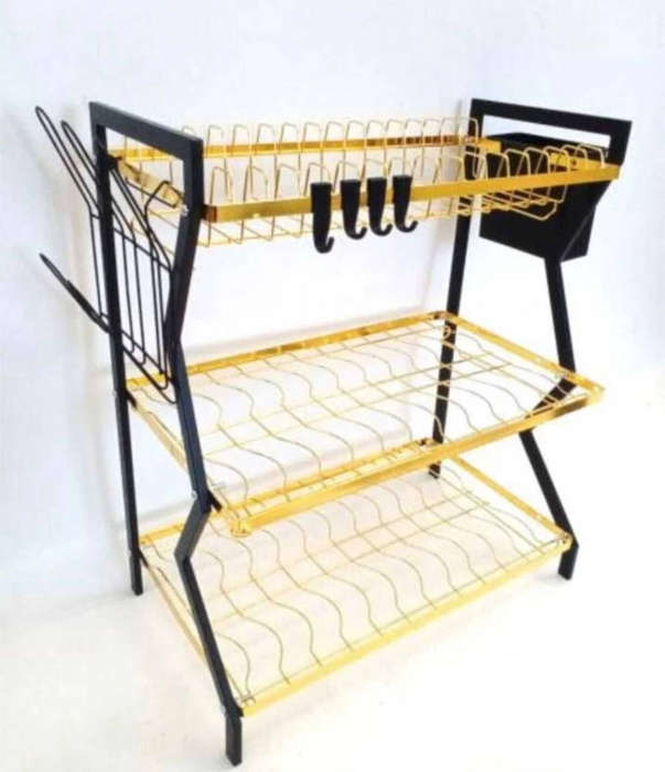 3-Tier Kitchen Counter Dish Drying Rack with Utensil Holder - Black & Gold Metal Organizer