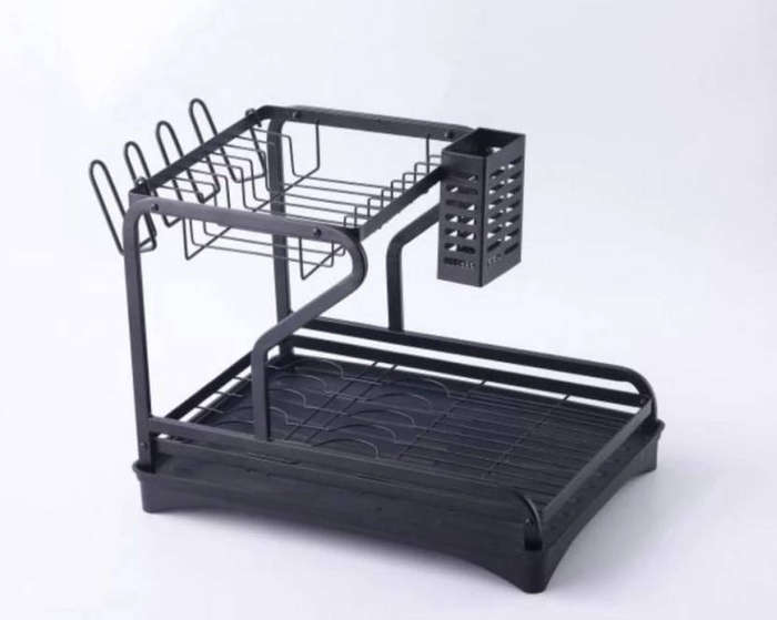 2-Tier Dish Drying Rack with Drainboard, Stainless Steel Wine Glass Holder and Utensil Holder