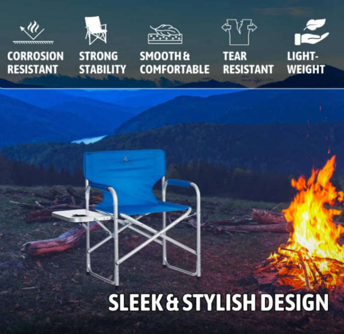 Aluminium Folding Director's Chair  Integrated Side Table, Cup Holder, Lightweight & Portable